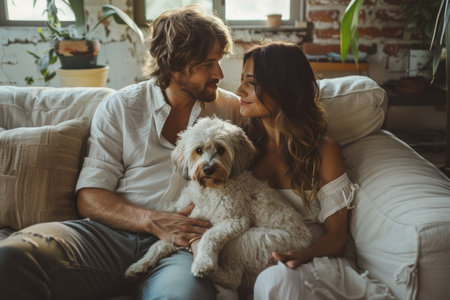 A married couple, a man and a woman, are seated on a couch next to their pet dog. They are relaxed and comfortable in each others company, enjoying a quiet moment together.の素材