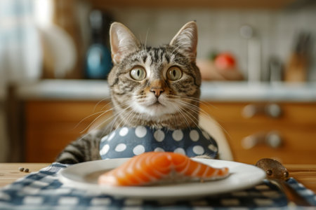 A cat is sitting at a table, next to a plate of food. The cat appears curious and ready to eat the food. The setting is indoors.の素材