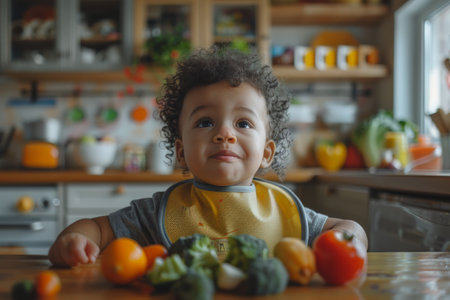 A young boy is sitting at a table surrounded by a variety of fruits and vegetables. He appears engaged and curious, potentially exploring healthy eating habits or learning about different types of produce.の素材