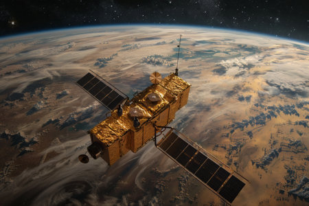 An artists detailed illustration of a satellite in orbit around Earth, showing its advanced technology and functionality in space. The satellite appears realistic and accurately represents its purpose in monitoring our planet.の素材