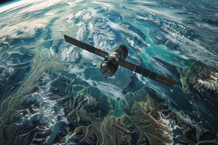 An artists depiction of a satellite smoothly floating in the vastness of space, with Earth in the background.の素材