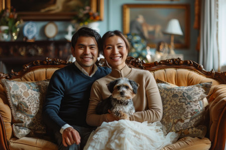 A married couple is seated on a couch with a small dog in between them. The man and woman are relaxed and appear to be enjoying the company of their pet.の素材