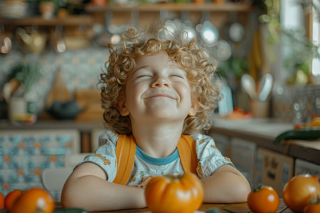 A young girl is seated at a table, surrounded by vibrant oranges. She appears engaged in exploring the fruits on the table.の素材