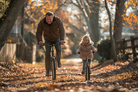 A man is riding a bike next to a little girl. The man looks proud as he guides the bike while the girl pedals along. The scene captures a moment of learning and bonding between a father figure and a child.の素材