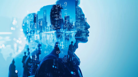 The image shows a persons head with a multitude of numbers covering it, symbolizing complexity, analysis, and data overload in a business context.の素材