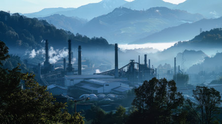 A factory stands amidst the rugged peaks of a mountain range. Smoke rises from its chimneys, blending with the natural surroundings. The industrial complex contrasts with the untouched wilderness of the mountains.の素材