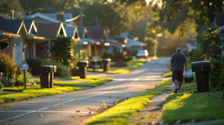 A man is walking down a street lined with houses in a suburban neighborhood. The row of houses is visible along the sidewalk as the man moves forward.の素材