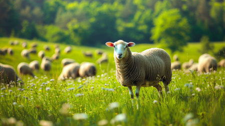 A herd of sheep are standing on top of a lush green field, peacefully grazing on the verdant grass. The sheep are scattered across the field, engaging in their natural behavior.の素材