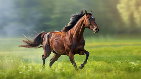 A brown horse is running at full speed through a vibrant green field, its mane flowing behind it. The horse exudes power and grace as it moves effortlessly through the scene.の素材