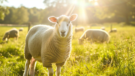 A group of sheep are seen grazing on a vibrant green field, surrounded by lush grasses and plants. The animals are peacefully munching on the fresh vegetation under the clear sky.の素材