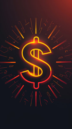 A neon sign with a bright dollar sign displayed on it against a dark background. The dollar sign is illuminated in a vibrant color, attracting attention.の素材