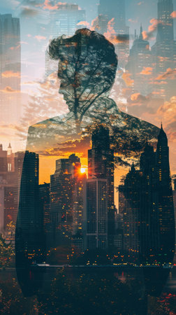 A mans face superimposed in front of a cityscape, creating a unique double exposure effect. The man appears in a contemplative pose, blending seamlessly with the skyscrapers and buildings of the urban backdrop.の素材