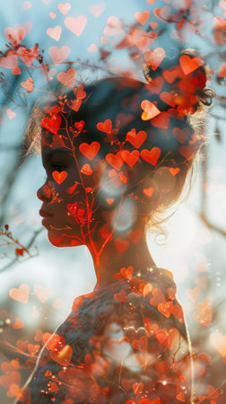 A woman is standing in front of a tree that is covered with red hearts. The image is a double exposure displaying hearts and flowers.の素材