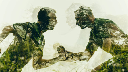 Two men are depicted standing side by side. They appear to be engaged in conversation or simply standing together. Both men are facing forward and appear relaxed.の素材