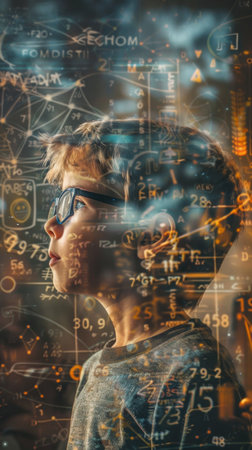 A man wearing glasses is focused on a computer screen in front of him, appearing to be reading or working. The screen displays data or information, casting a glow on his face.の素材