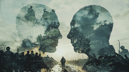 A double exposure of a man and a woman, both facing each other directly. The overlay effect creates a unique visual of their profiles merging seamlessly, showing the connection between the two individuals.の素材