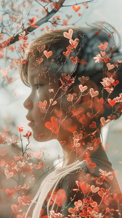 A woman is standing under a tree with vibrant red hearts hanging from its branches. The hearts create a whimsical and romantic atmosphere around her.の素材