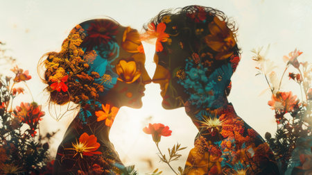 A depiction of two individuals engaged in a romantic kiss within a vibrant field filled with various blossoming flowers.の素材
