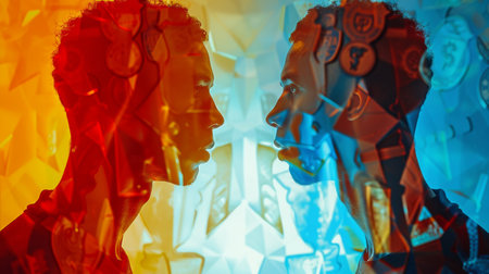 Two individuals are seen standing next to each other. They are in close proximity, facing forward, and appear to be engaged in conversation. The setting is simple, with a focus on the interaction between the couple.の素材