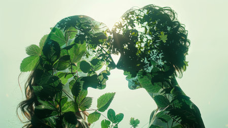 A man and a woman embrace in a kiss in front of lush green leaves, creating a romantic scene surrounded by nature.の素材