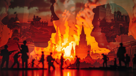 A group of individuals standing in front of a blazing fire, with flames reaching high in the air. The individuals appear to be socializing or gathering around the fire, as they face towards it.の素材