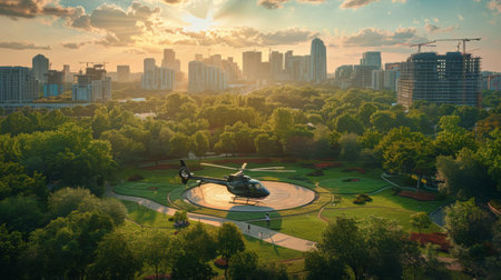 A helicopter with rotating blades flying above a vibrant green park filled with trees, grass, and pathways on a clear day.の素材