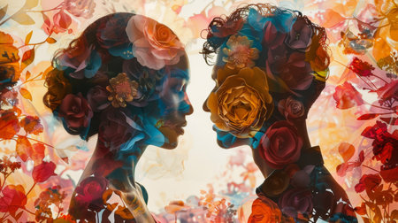 A painting depicting two women standing facing each other, engaged in a conversation or observation. The women are the main focus of the artwork, showing their interaction and connection.の素材