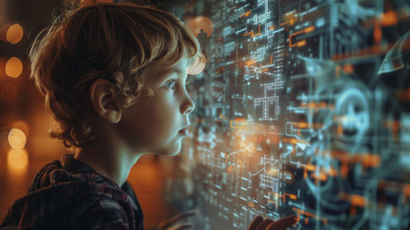 A young boy is attentively studying a futuristic display in this scene. The display appears to showcase complex math formulas and other advanced information, capturing the boys curiosity and focus.の素材