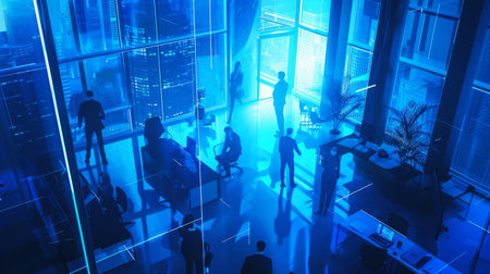 A diverse group of individuals standing in a row in front of a large window, looking outwards. The window frames the scene outside, with light passing through, creating a contrast with the peoples silhouettes.の素材