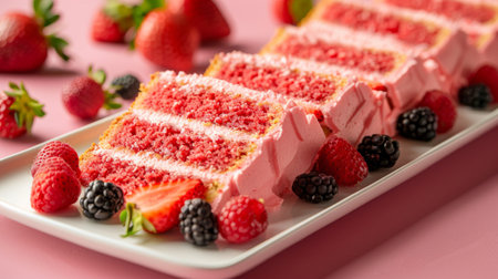 A delicious piece of cake topped with fresh berries and raspberries on a white plate. The cake is rich and moist, and the berries are juicy and vibrant in color.の素材