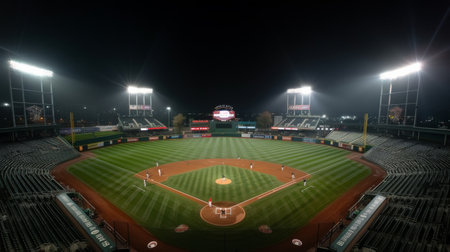 A serene aerial perspective showcases a baseball stadium at night, illuminated by bright floodlights with an unoccupied field and stands. The diamond is perfectly groomed, the infield and outfield grass show meticulous care, and the bases are untouched, suggesting the anticipation of game day.の素材
