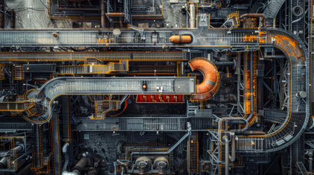 The industrial pipe system consists of numerous interconnected pipes of varying sizes, leading to and from different sections of a factory. The pipes are arranged in a complex network, indicating a well-planned and organized system for conveying fluids or gases within the industrial setting.の素材