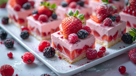 A white plate is presented with a dessert covered in an assortment of fresh berries. The dessert appears to be a delicious and visually appealing treat.の素材