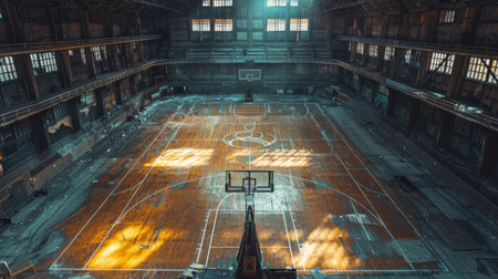 Sunbeams penetrate the dusty windows of an abandoned gymnasium, casting a warm glow across the vacant basketball court. The hoops stand silent, and the markings on the floor await the echo of bouncing balls and cheering crowds, reminiscent of the arenas past liveliness.の素材