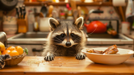 A raccoon is attentively looking at a bowl filled with food, showing curiosity and interest in its contents. The raccoons eyes are focused on the food, indicating potential hunger or curiosity about the meal.の素材