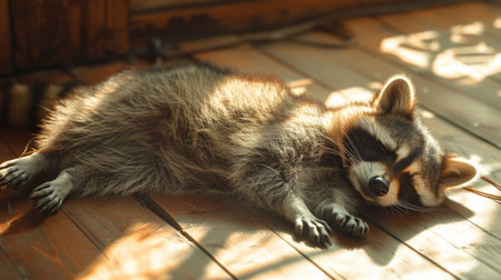 A raccoon is resting on a wooden floor, curled up comfortably. The animals fur is distinctive with gray and black markings, and its eyes are alert.の素材