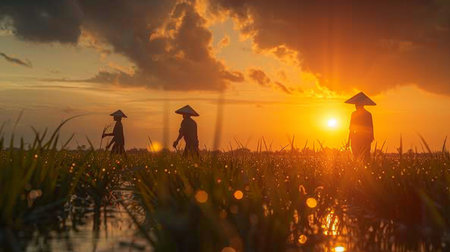 The image shows a couple of individuals standing in a grassy field. Both are casually dressed and appear to be engaging in conversation or enjoying the scenery around them.の素材