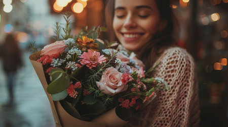 A woman is holding a bouquet of flowers in her hands, showing the vibrant colors and various types of blooms. Her hands gently cradle the flowers, highlighting the beauty of nature.の素材