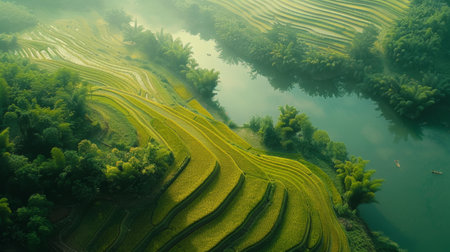 A river meandering through a vibrant green landscape, surrounded by lush vegetation and trees. The water flows steadily, reflecting the clear blue sky above.の素材