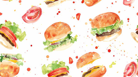 A detailed watercolor painting featuring a pattern of assorted hamburgers and fresh tomatoes. The hamburgers are depicted in various sizes and arrangements, with juicy tomatoes adding vibrant pops of color throughout the composition.の素材