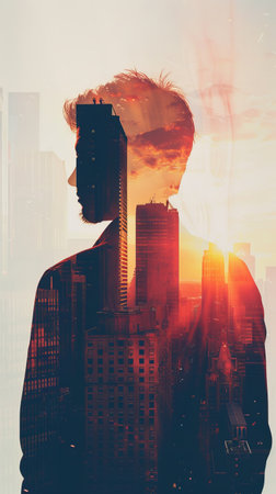 A man is standing with his back to the viewer, facing a city skyline in the distance. The tall buildings and urban landscape contrast with the individual in the foreground.の素材
