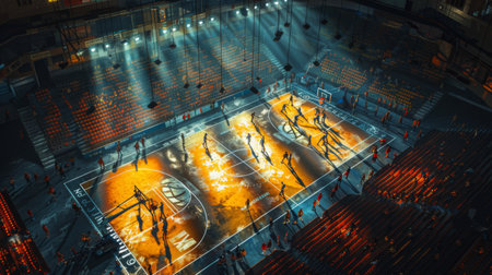 An aerial perspective of a basketball court illuminated in the darkness of night, showcasing the courts layout and markings.の素材