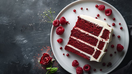 A delicious slice of red velvet cake topped with creamy white frosting and fresh raspberries on a plate.の素材