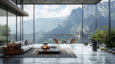 A furnished living room filled with various furniture pieces such as sofas, chairs, coffee tables, and a large window allowing natural light to illuminate the space.の素材