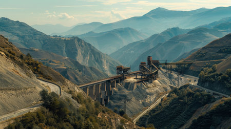 A train is seen traveling over a bridge situated atop a mountain, showcasing the industrial aspect of transportation against a scenic mountain backdrop.の素材