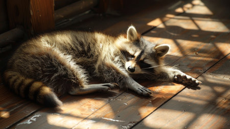 A raccoon is laying comfortably on a wooden floor, basking in the warm sun rays. Its fur is a mix of grays and blacks as it enjoys the peaceful moment.の素材