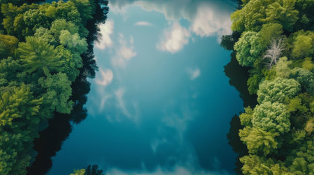 A river can be seen meandering through a dense green forest, with trees and vegetation surrounding its banks. The water flows steadily, reflecting the vibrant greenery of the surroundings.の素材