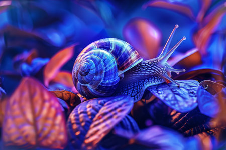 A close-up view of a small snail slowly moving on a green plant leaf. The shell of the snail is visible, as well as its delicate tentacles.の素材