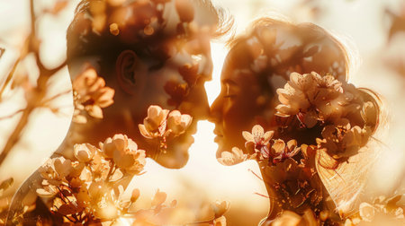 A couple is seen kissing passionately amidst a field blooming with colorful flowers. The background consists of a vibrant display of nature, enhancing the romantic moment.の素材