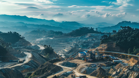 A construction site in the midst of towering mountains, showcasing heavy machinery, workers in hard hats, and piles of construction materials. The stark contrast between the industrial activity and the rugged natural landscape is evident.の素材